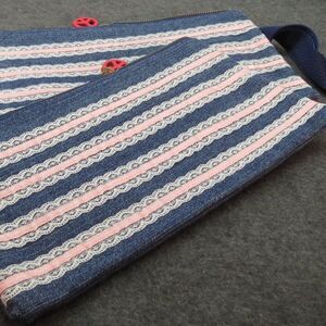 Set of 2 Lace on Denim Zippered Pouch Makeup Bag Clutch Purse NEW